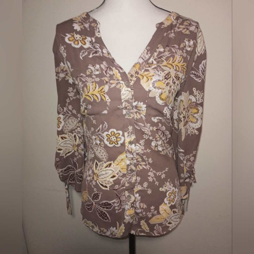 New York & Co Floral Button-Up Blouse - Brown and Yellow SZXL